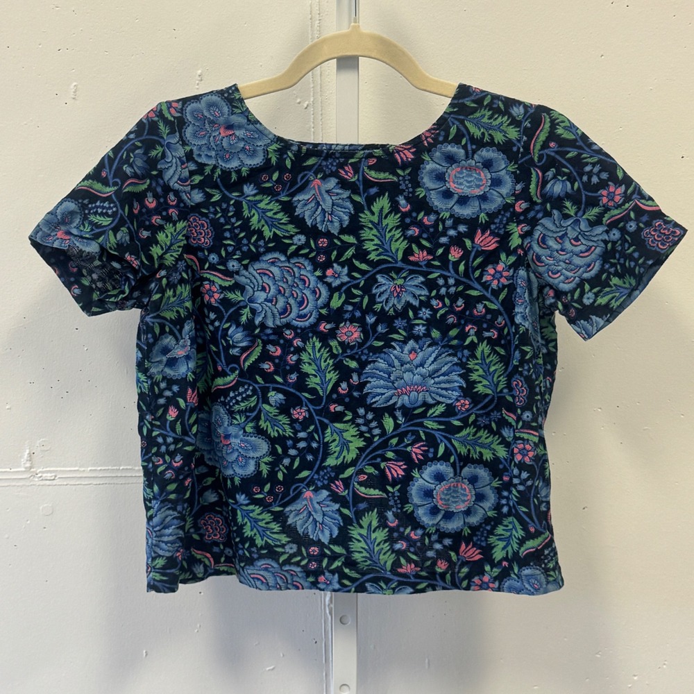 Jack Wills Floral Short Sleeve Crossover Back Cotton Top Blue Pink US 2
